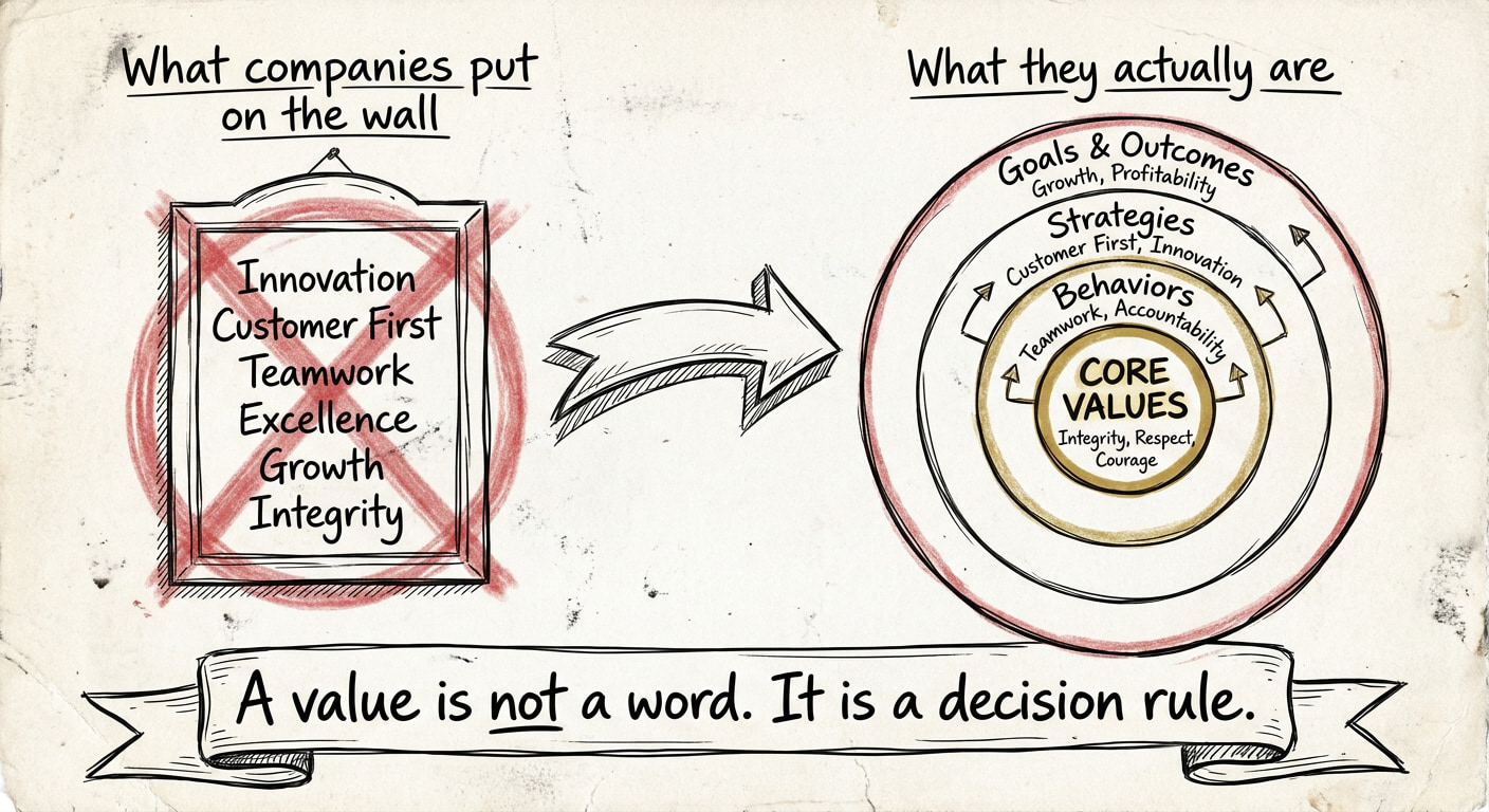 A hand-drawn sketch comparing how companies list all their values as equals in a framed poster (crossed out in red) versus what those words actually are when properly classified: a bullseye diagram with Core Values like Integrity, Respect, and Courage at the center, surrounded by rings of Behaviors, Strategies, and Goals & Outcomes. A banner at the bottom reads: A value is not a word. It is a decision rule.